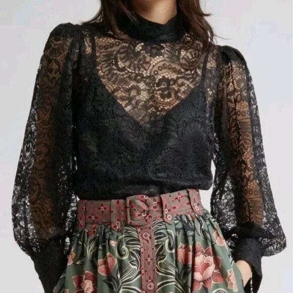 NWT Farm Rio Black Lace Long Sleeve Blouse Top, Sz XS with rosette button detail - Picture 1 of 7